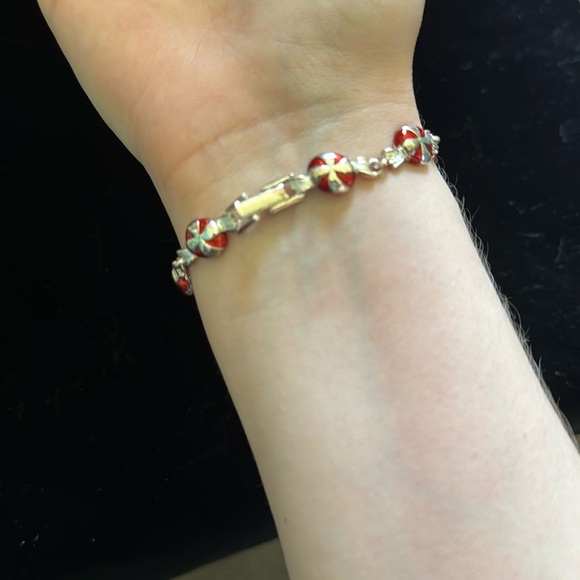 Dainty Red and Silver Peppermint Swirl Design Bracelet - Picture 2 of 4